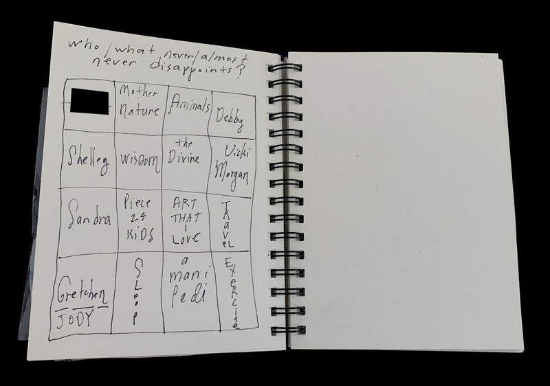 A handwritten list titled "who/what never/almost never disappoints?" is displayed on a spiral-bound notebook page.