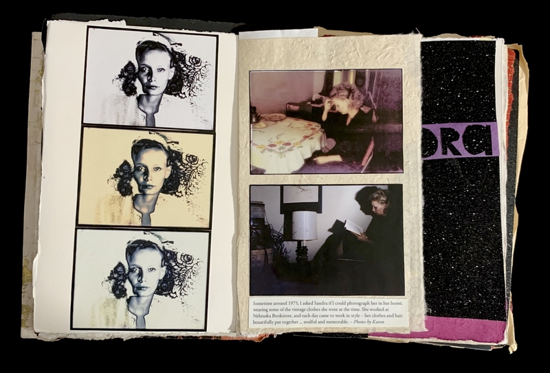 Open scrapbook with photographs of a vintage-styled woman and accompanying text.