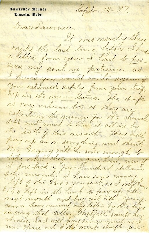 Handwritten 4 page letter from Marcia Bruner to Lawrence Bruner, "It was nearly three weeks the last time…"