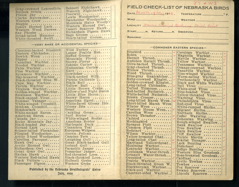 Frank H. Shoemaker bird record, sited in May 1902 near Omaha, Nebraska, and recorded on the "Field Check List of  Nebraska Birds."