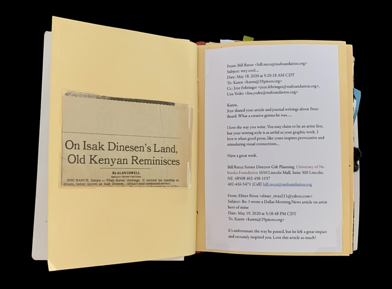 A yellow folder with a document inside, featuring a typed letter and a printed article titled "On Isak Dinesen's Land, Old Kenyan Reminiscences."