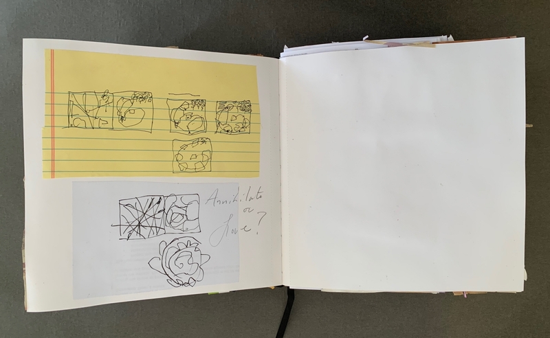 A hand-drawn page featuring a series of small, abstract sketches and a question about love.