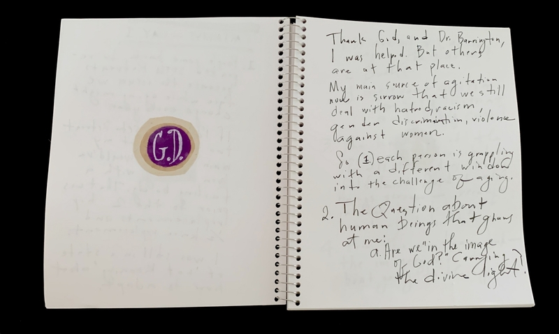 A handwritten page with a circular seal and text discussing personal and societal issues.