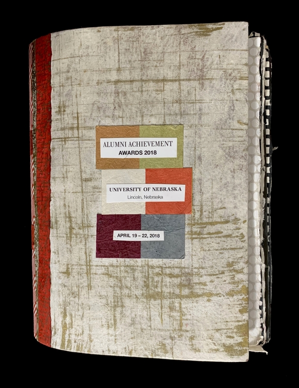 Close-up of a textured award booklet cover with colored rectangles and text.