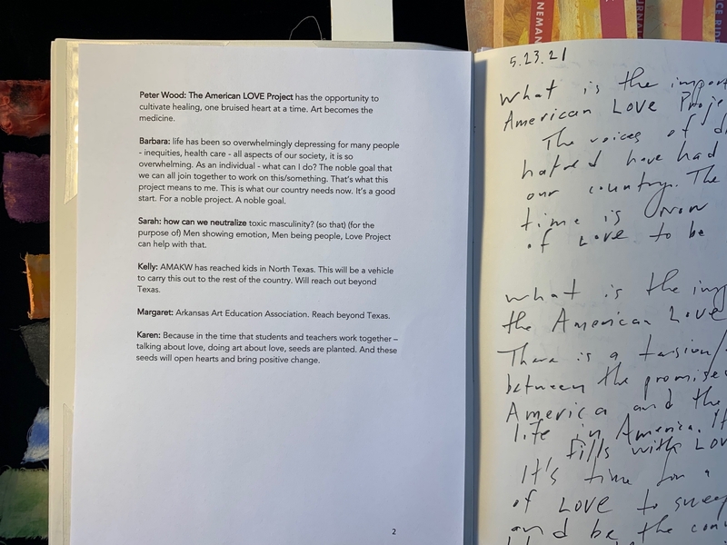 Open journal displaying typed text about "The American LOVE Project" on the left and handwritten notes dated "5.23.21" on the right.