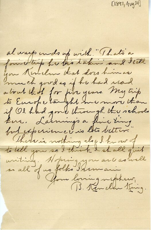 Handwritten 5 page letter from B. King to Lawrence Bruner, "It seems so strange to be writing a letter to you…"