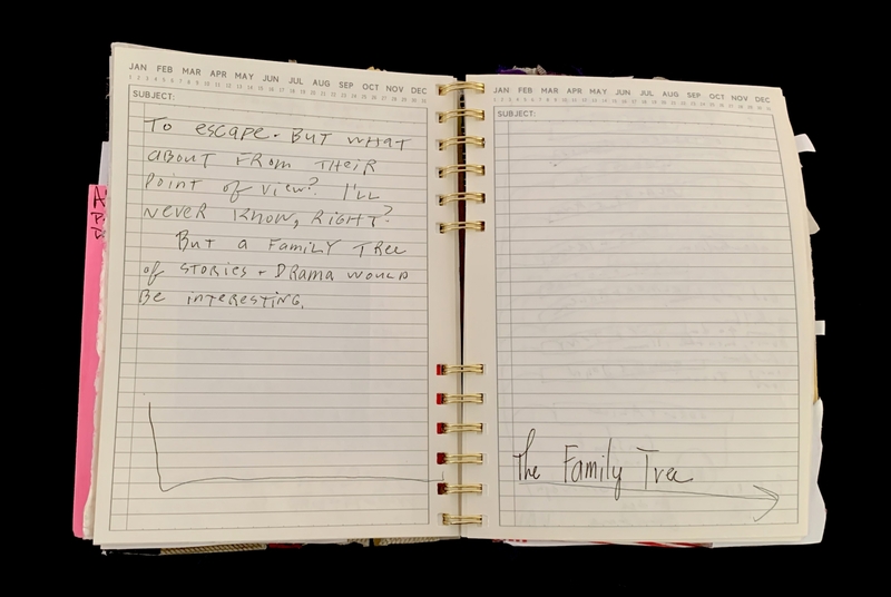 A handwritten notebook page with a title and a paragraph discussing a family tree.