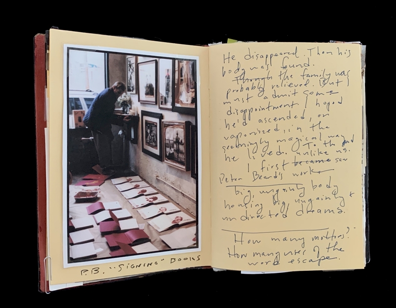 A handwritten page with a photograph of a person signing books and accompanying text discussing a disappearance and the author's reaction.