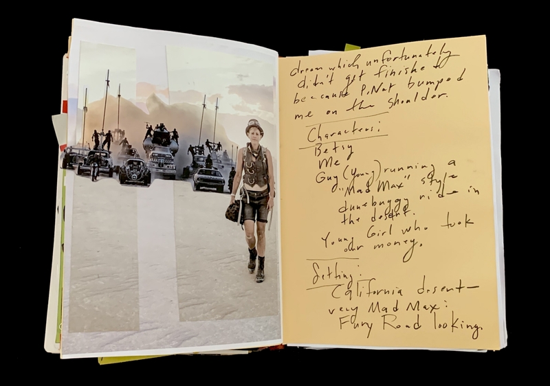 A handwritten note and photograph are displayed in a scrapbook-style page, capturing a desert scene with a person in a Mad Max-inspired outfit.