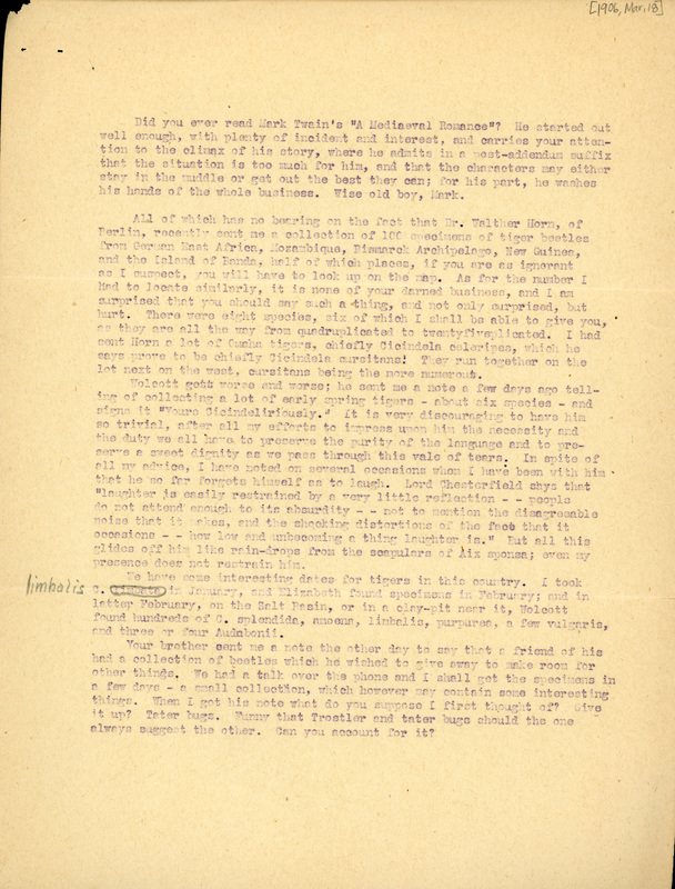 Typewritten letter, 4 pages, from Frank H. Shoemaker to I.S. [Isador] Trostler, "It snows cries the school-boy, and driving o'er the fields seems nowhere to alight says Emerson; then issues forth the storm with sudden burst and hurls the whole precipitated air down in a torrent says Thomson..."