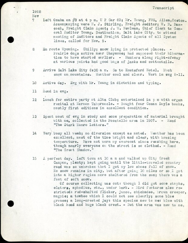 Frank H. Shoemaker typescript, 12 pages, on collecting trips along the west coast and in Omaha and Lincoln, Nebraska,  in Califorina, Idaho, Oregon,  and Arizona.