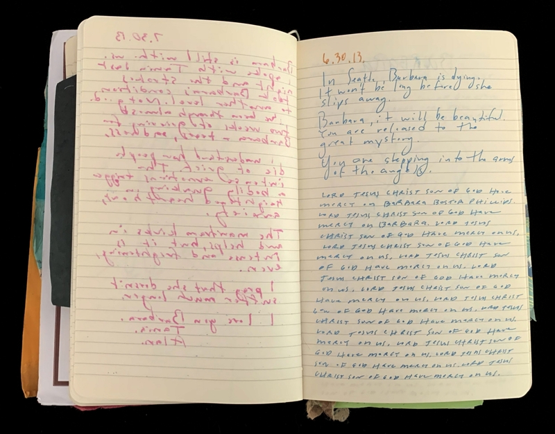 An open notebook with pages filled with handwritten text in pink and blue ink.