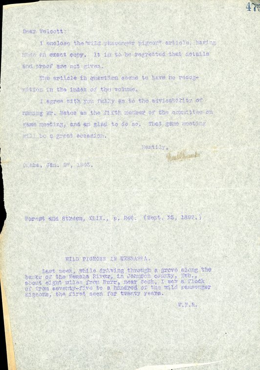 Typewritten letter, 1 page, from Frank H. Shoemaker to Robert H. Wolcott, "I enclose the 'wild passenger pigeon' article, having made an exact copy. It is to be regretted that details and proof are not given."