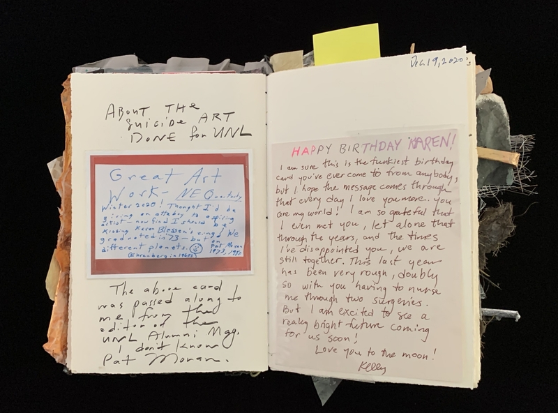A handwritten birthday card with a note about suicide art and a birthday message.
