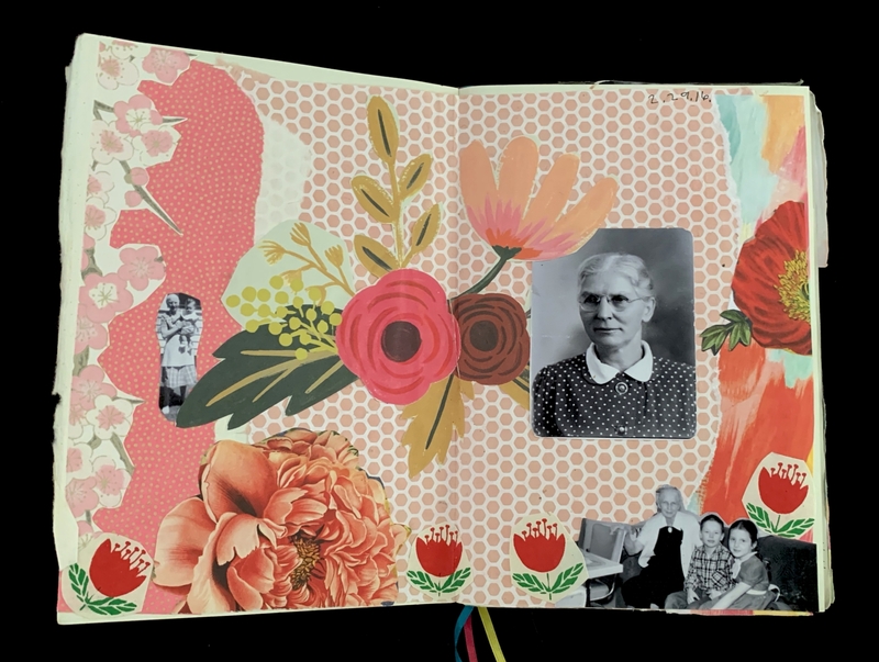 A journal spread with a collage of a black and white portrait of a woman surrounded by colorful flowers and patterns.