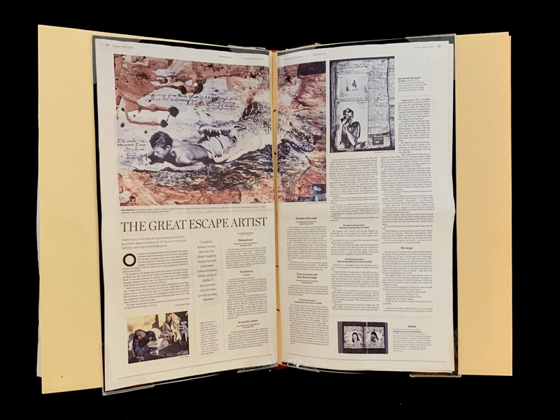 A magazine spread featuring an article titled "The Great Escape Artist," accompanied by illustrations and photographs.