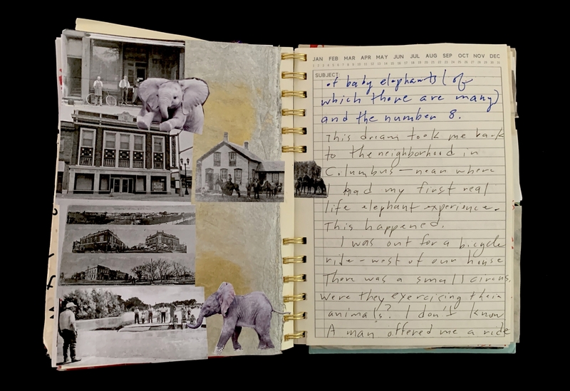 A scrapbook page featuring a collage of elephant images and handwritten notes.