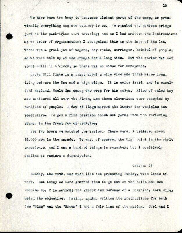 Frank H. Shoemaker typescript, 28 pages, titled "At Fort Riley, Kansas" on activities at Fort Riley between Oct. 12-29, 1903.