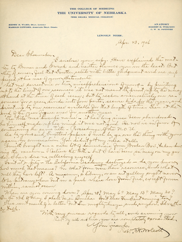 Handwritten letter, 1 page, from Robert H. Wolcott to Frank H. Shoemaker, "I enclose your copy."
