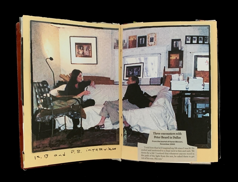 A double-page spread from a book featuring two photographs and a handwritten note, titled "Three encounters with Peter Beard in Dallas."