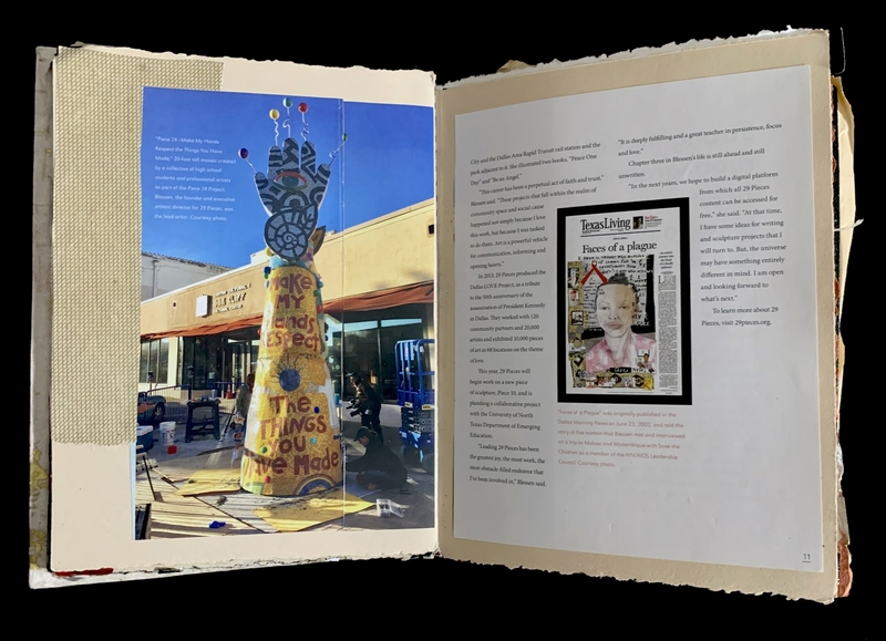 A book spread showing a sculpture of a hand with colorful designs on the left and text with a magazine cover on the right.