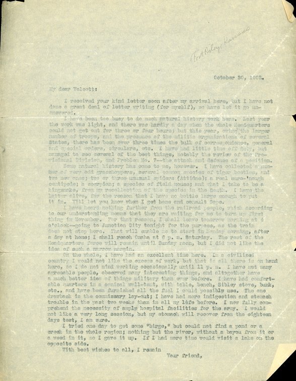 Typewritten letter, 1 page, from Frank H. Shoemaker to Robert H. Wolcott, "I received your kind letter soon after my arrival here, but I have not done a great deal of letter writing (for myself), so have lot it go unanswered."