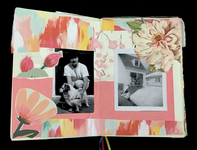 Open journal with two black-and-white photos and colorful floral artwork.