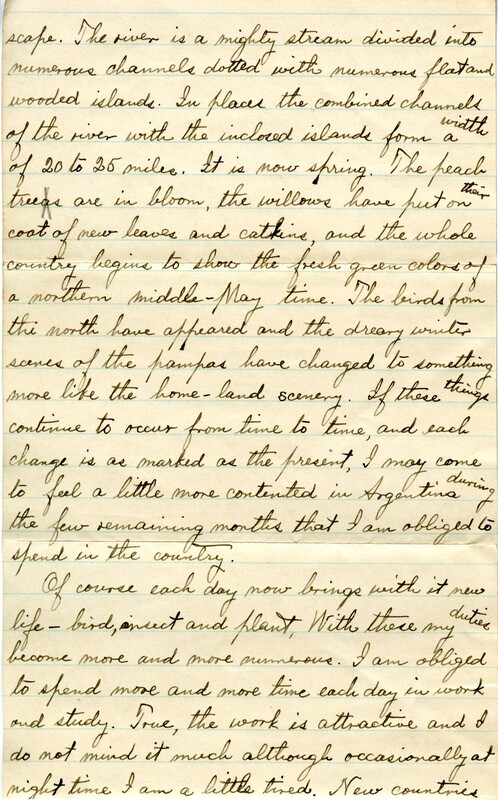 Handwritten 4 page letter from Lawrence Bruner to Psyche Bruner, "Just a week ago today I wrote a letter (to Mamma) from Carcarañá..."