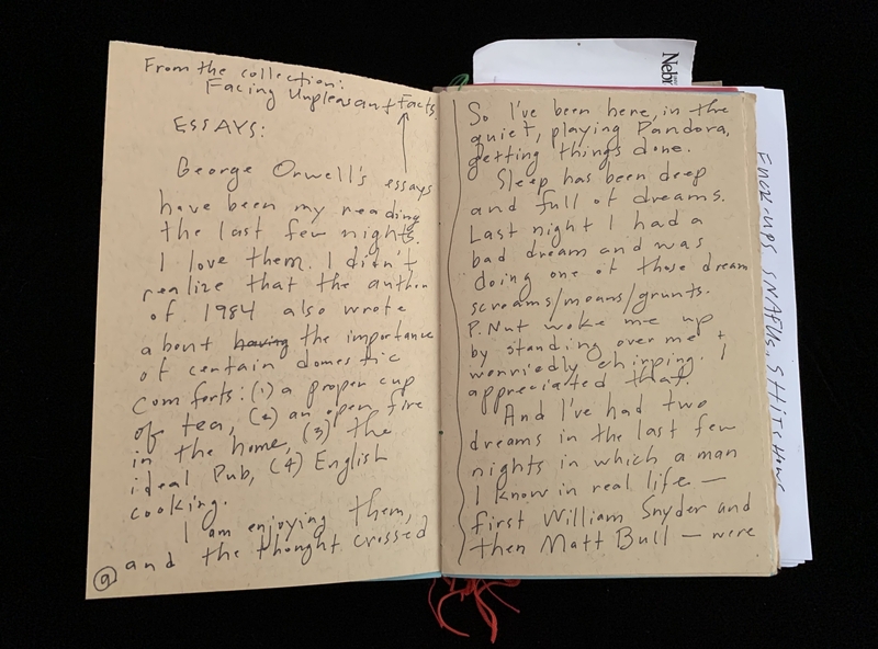 An open notebook with handwritten text about George Orwell's essays and personal reflections on sleep and dreams.