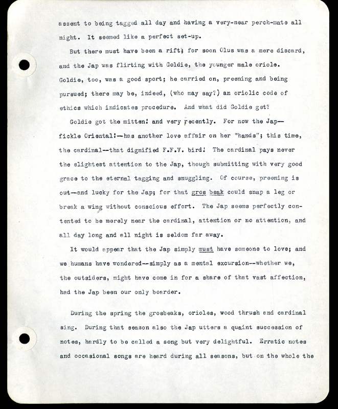 Frank H. Shoemaker typescript narrative, 29 pages,  on the bird room in Omaha home, with details on bird and insects.
