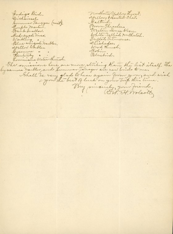 Handwritten letter, 2 pages, from Robert H. Wolcott to Frank H. Shoemaker, "Your kind note of May W carner lg(?) me in Lincoln as I was making my preparations lg(?) come here and the letter from of the 6th was forwarded lower, with the lists."