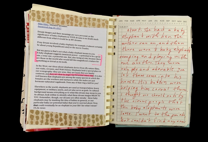 A handwritten journal entry with a reference to a dream interpretation about baby elephants.