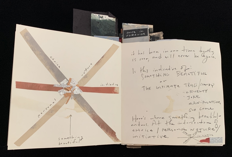 Open book with intersecting strips labeled "choice," "personal," "nature," "initiative," and handwritten text on the right page.