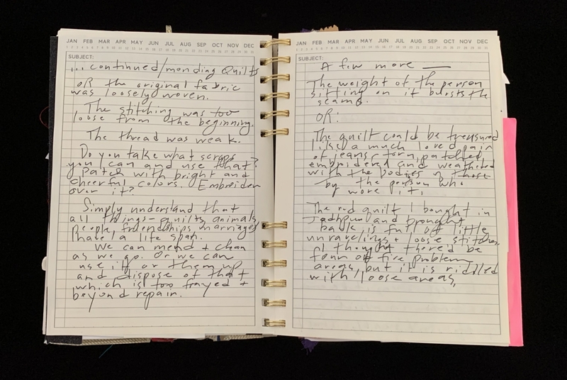 A handwritten notebook page discussing quilting and fabric conditions.