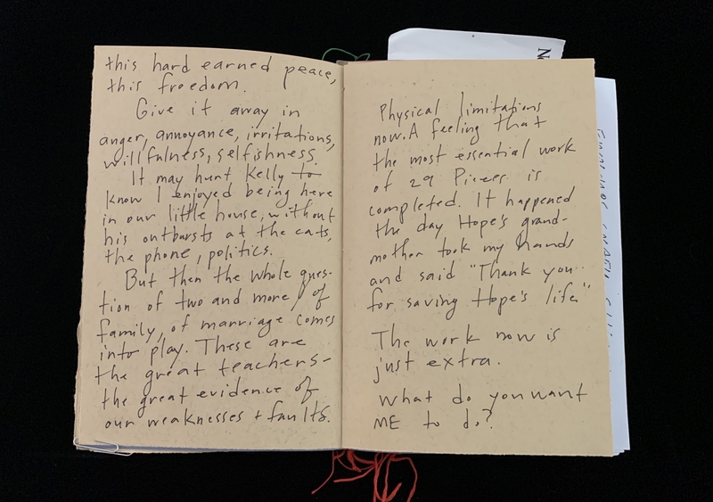 Open notebook with handwritten text discussing themes of peace, family, and gratitude.