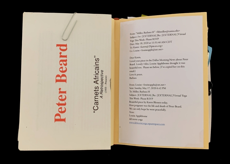 A photograph of a folder containing a document titled "Peter Beard: Carnets Africains" with a paperclip and a handwritten email attached.