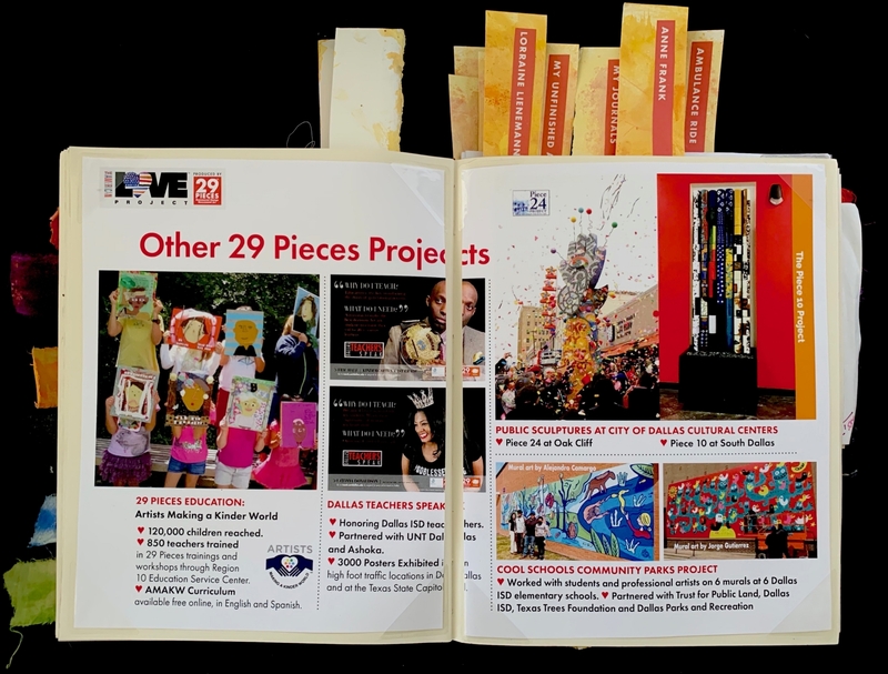 Open journal displaying community art projects with text about education and sculpture exhibitions, featuring children's artwork and murals.