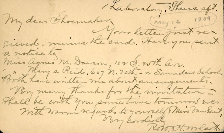 Handwritten postcard, from Robert H. Wolcott to Frank H. Shoemaker, "Your letter from just received minus the card. Have you sent a notice to Miss Agnes M. Dawson..."