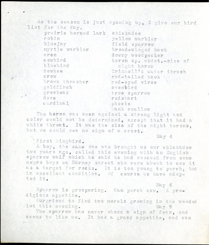 Frank H. Shoemaker typescript, 20 pages, detailing bird sightings, field trips, photography, and associated activities in Omaha, Nebraska.
