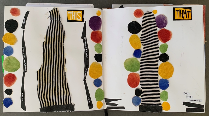 A collage-style journal page featuring striped fabric, colorful circles, and text elements.