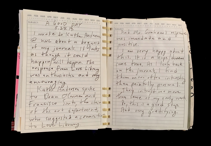 A handwritten entry in a spiral-bound notebook discussing the process of donating journals to a library.