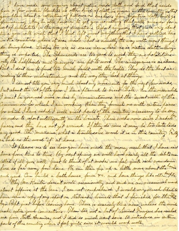 Handwritten 2 page letter from Lawrence Bruner to Marcia Bruner, "I was glad to receive your and Seba's letters, and also that from Mr. Doone..."