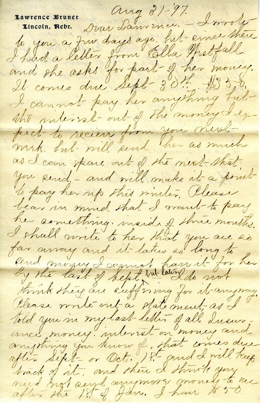 Handwritten 2 page letter from Marcia Bruner to Lawrence Bruner, "I did not go to church today..."