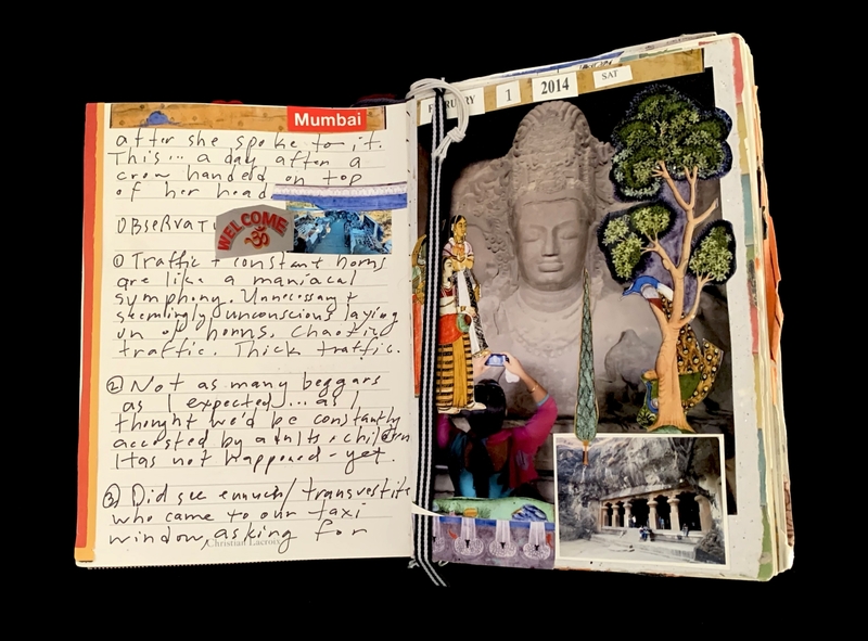 Open journal with handwritten notes and collage images, including a stone sculpture and colorful illustrations.