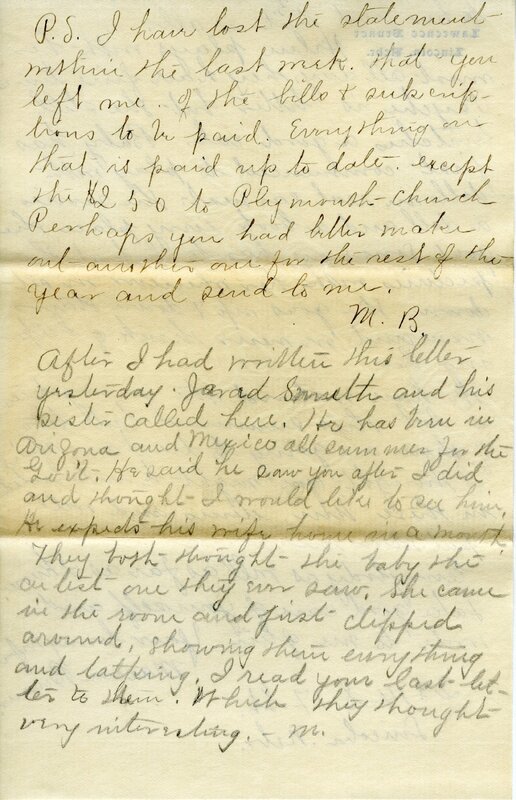 Handwritten 6 page letter from Marcia Bruner to Lawrence Bruner, "I did not go to church today..."