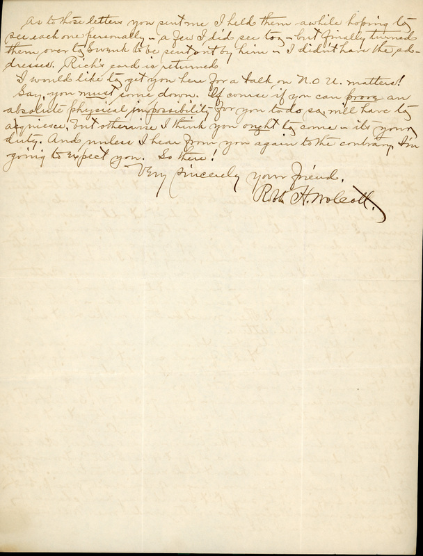 Handwritten 2 page letter from Robert H. Wolcott to Frank H. Shoemaker, "Yours of the 18th recieved and am much disappointed- what can have happend to make a change in your plans necessary?"