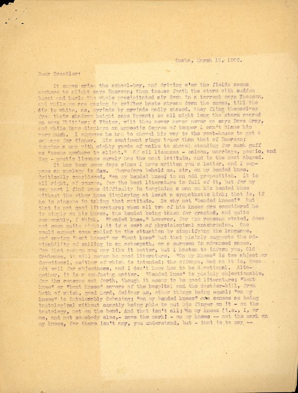Typewritten letter, 4 pages, from Frank H. Shoemaker to I.S. [Isador] Trostler, "It snows cries the school-boy, and driving o'er the fields seems nowhere to alight says Emerson; then issues forth the storm with sudden burst and hurls the whole precipitated air down in a torrent says Thomson..."