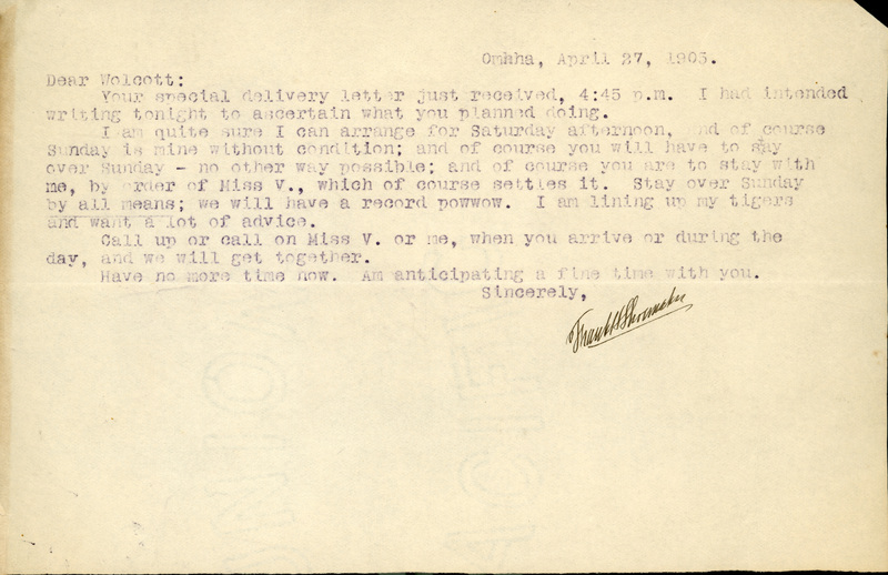 Handwritten letter, 1 page, from Frank H. Shoemaker to Robert H. Wolcott, "Your special delivery letter from just received, 4:45 p.m. I had intended writing tonight to ascertain what you planned doing."