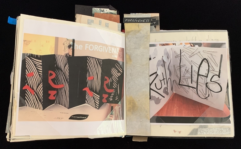 Open scrapbook with images of patterned books and text "FORGIVENESS" and "RuthLESS."