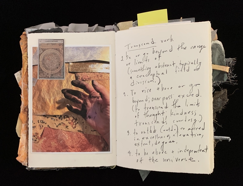 A page from a mixed-media notebook with a definition of the word "transcend" and a collage of images and textures.